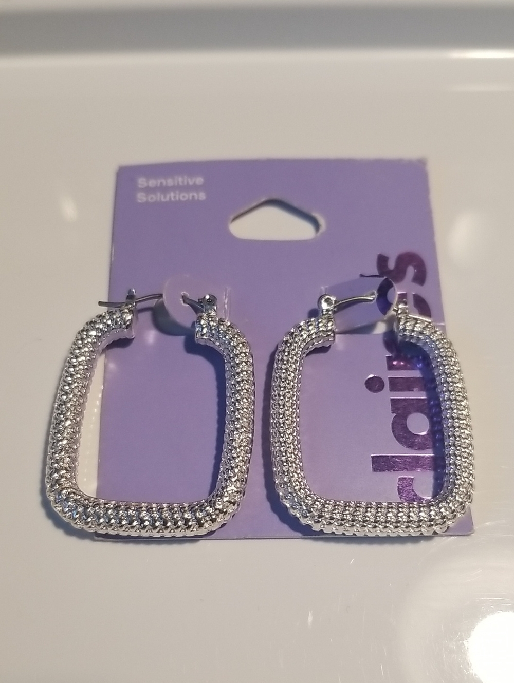 Silver Textured Rectangular Hoop Earrings - Women Jewelry Sensitive Solutions